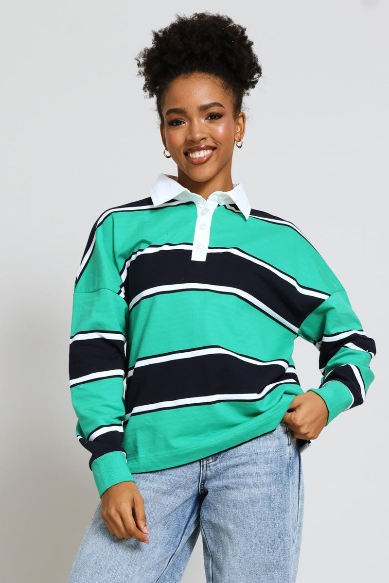 Yarn Dye Stripe Fleece Rugby Top - Navy/Green