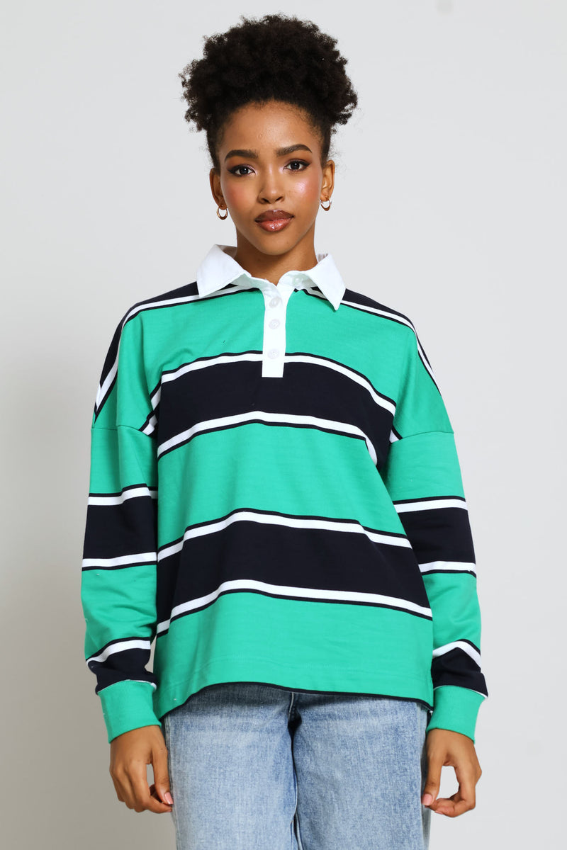 Yarn Dye Stripe Fleece Rugby Top - Navy/Green