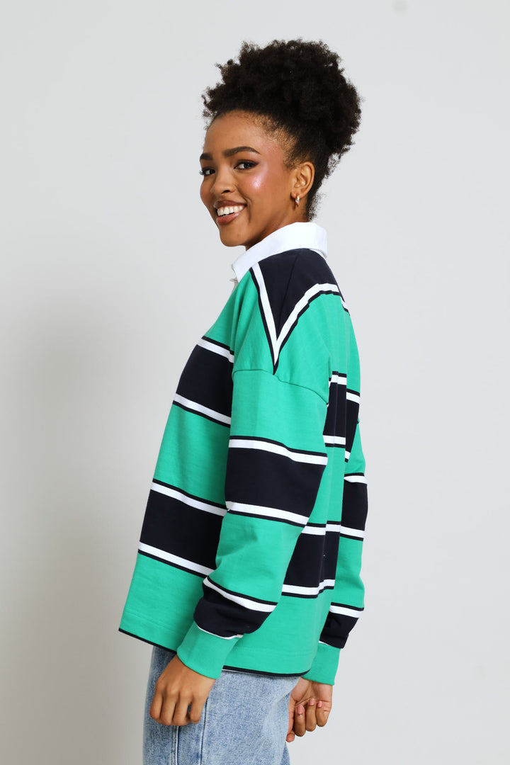 Yarn Dye Stripe Fleece Rugby Top - Navy/Green