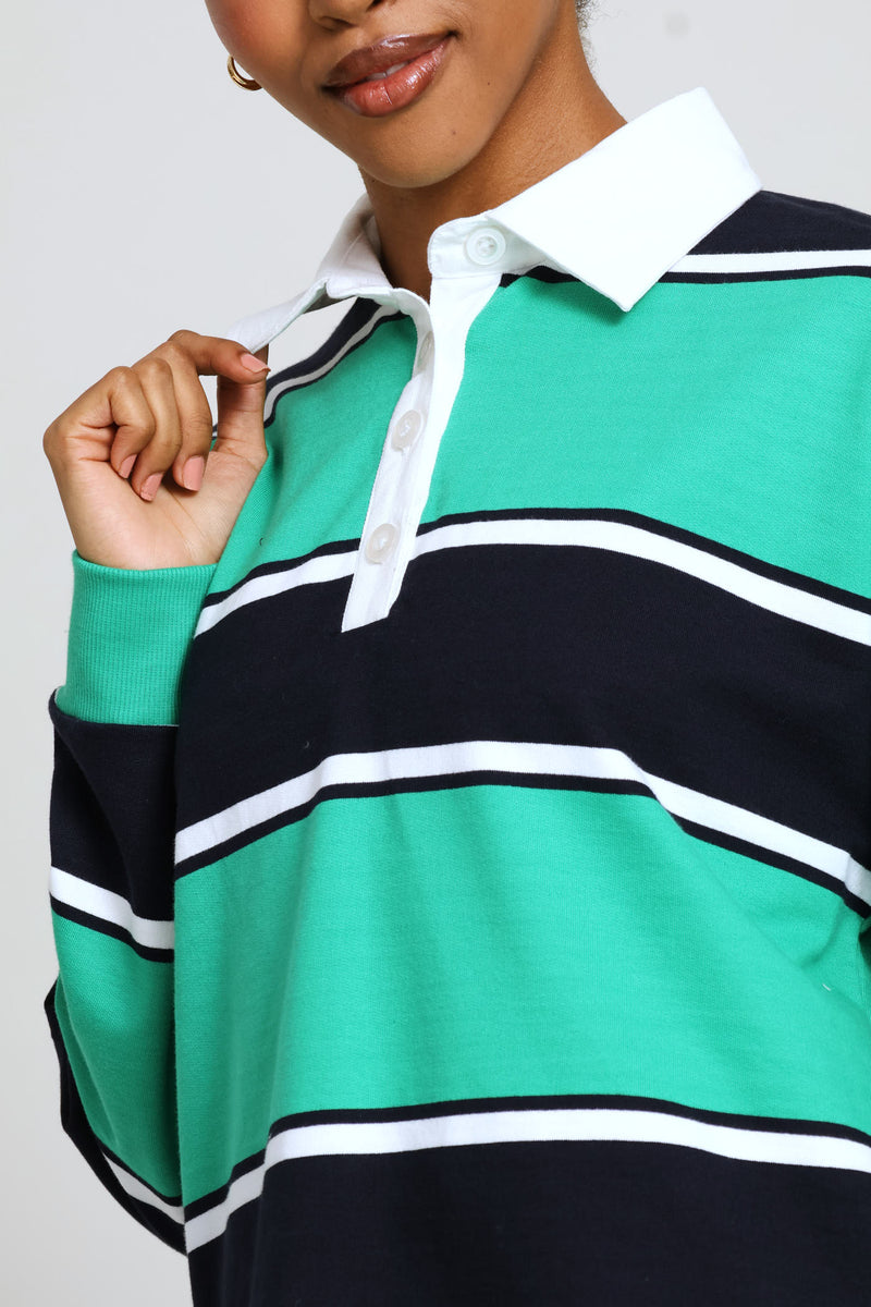 Yarn Dye Stripe Fleece Rugby Top - Navy/Green
