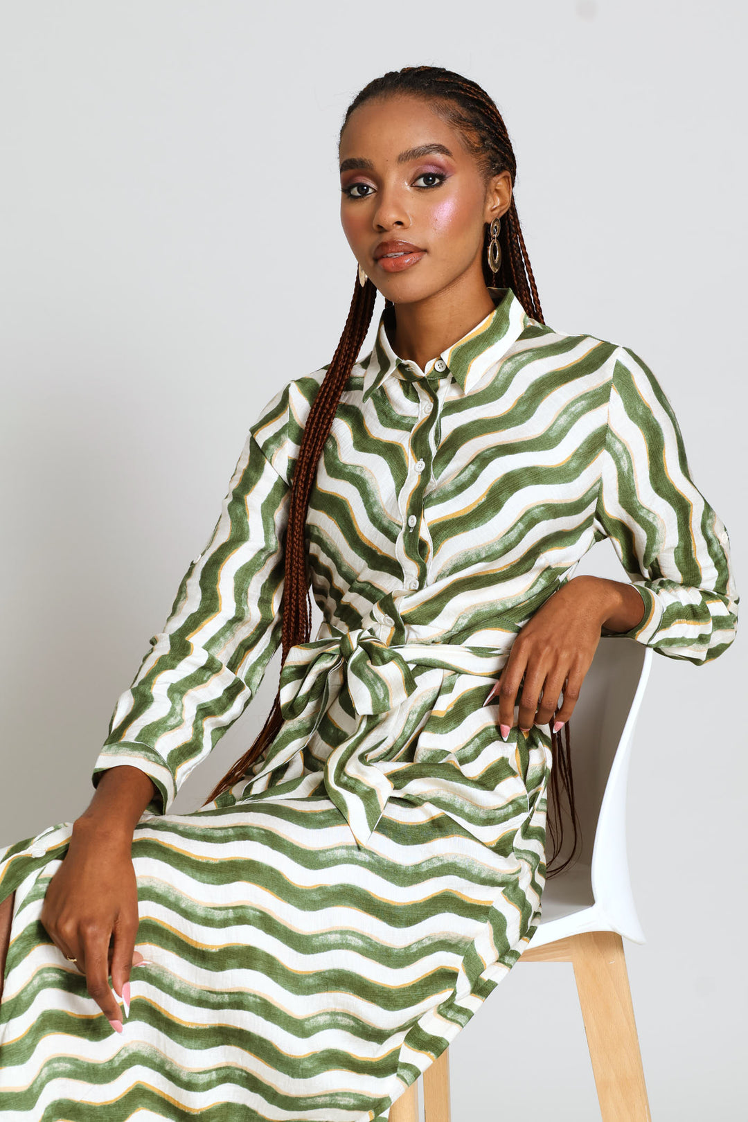 Long Sleeve Button Through Collar Maxi Dress - Green