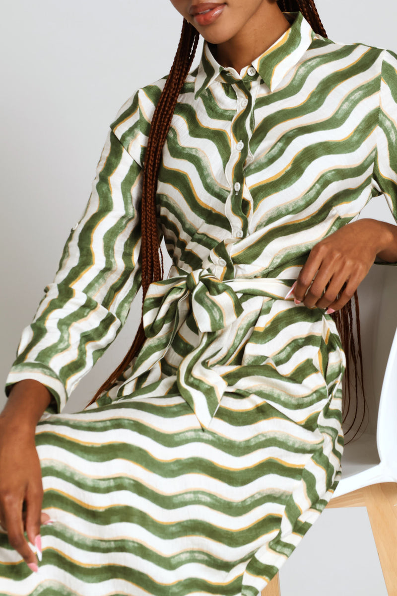 Long Sleeve Button Through Collar Maxi Dress - Green