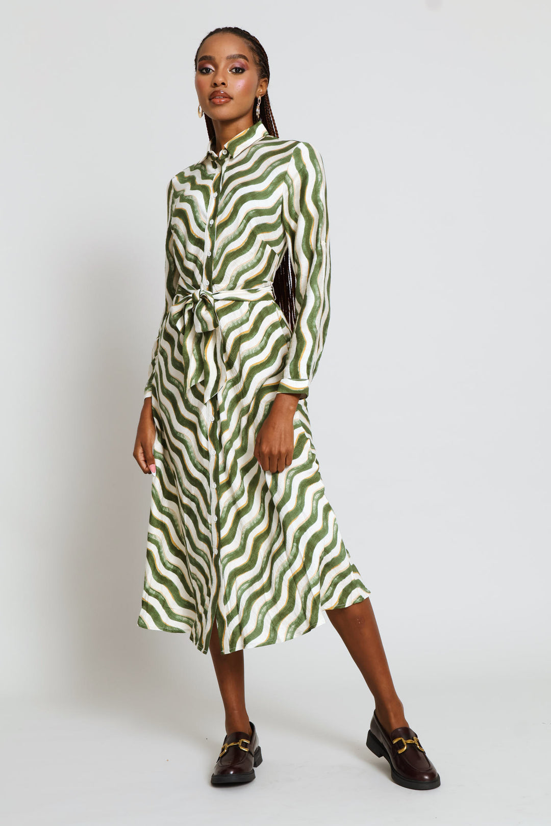 Long Sleeve Button Through Collar Maxi Dress - Green