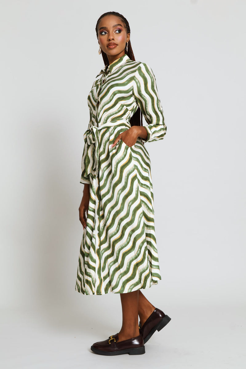 Long Sleeve Button Through Collar Maxi Dress - Green