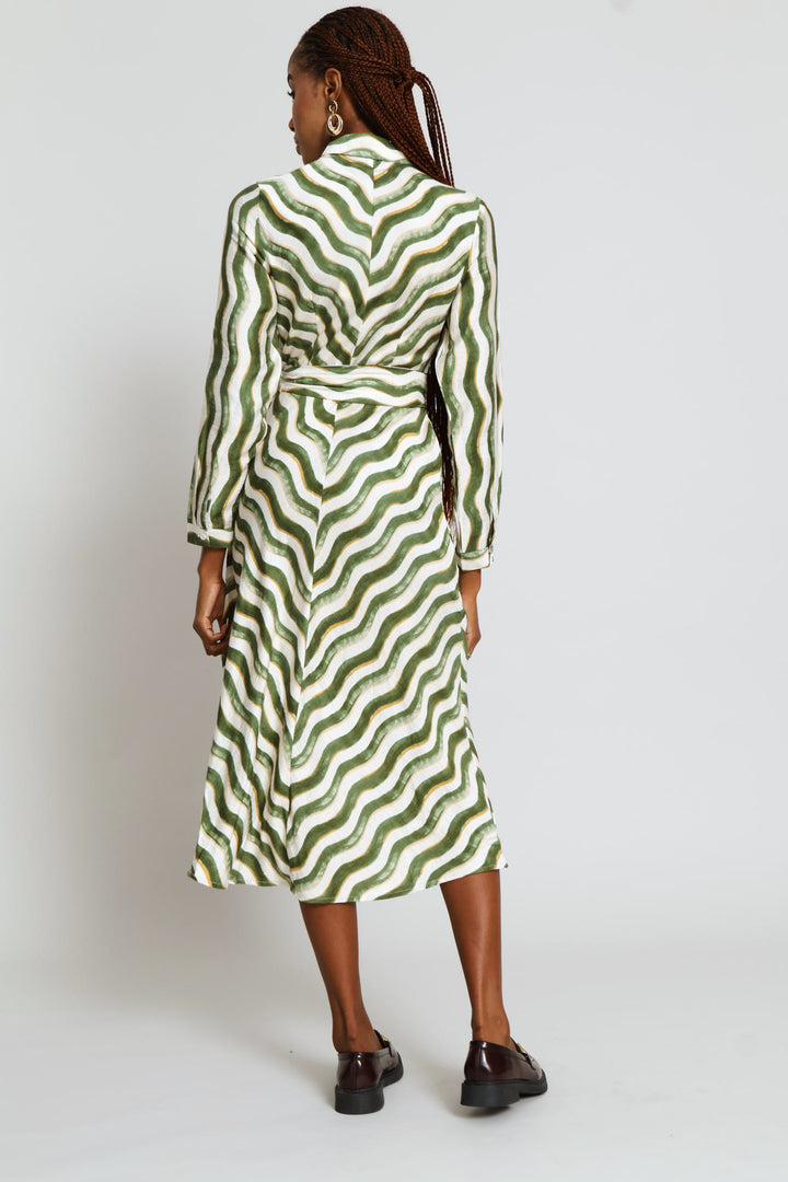 Long Sleeve Button Through Collar Maxi Dress - Green