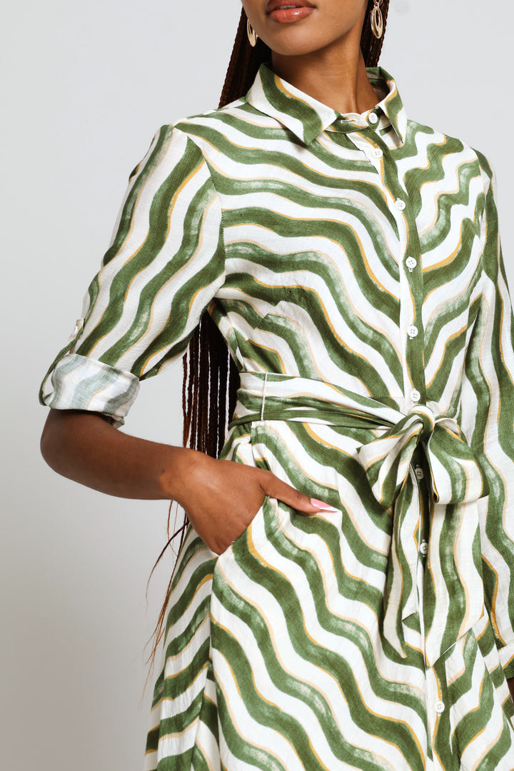 Long Sleeve Button Through Collar Maxi Dress - Green