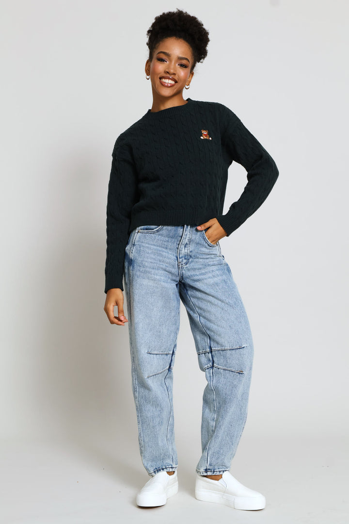 Cable Crew Teddy Embroidered Pullover - Bottle Green