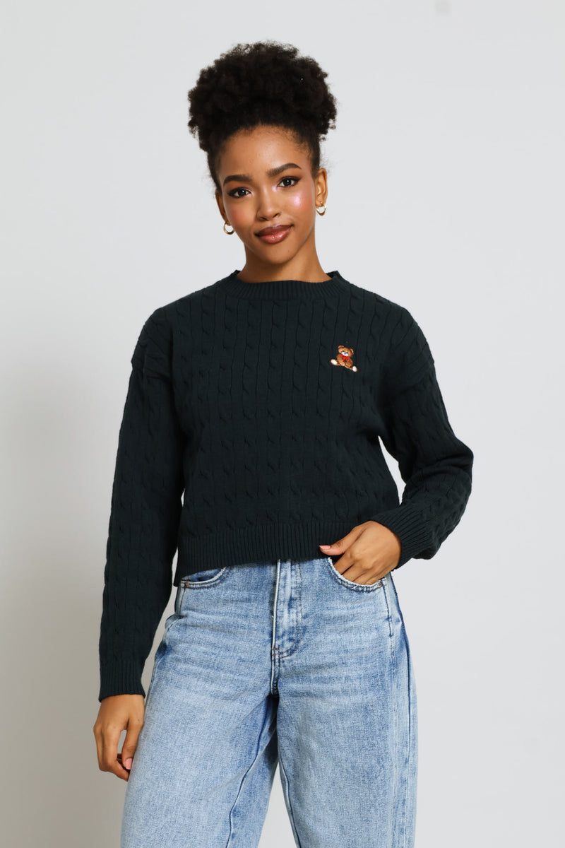 Cable Crew Teddy Embroidered Pullover - Bottle Green
