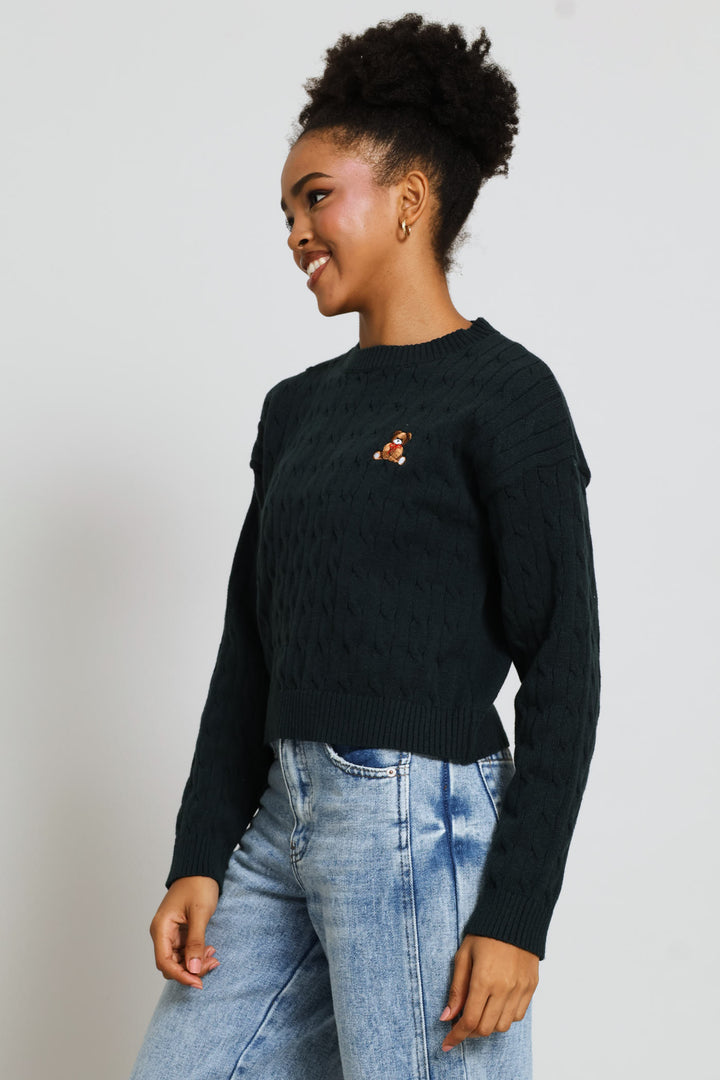 Cable Crew Teddy Embroidered Pullover - Bottle Green