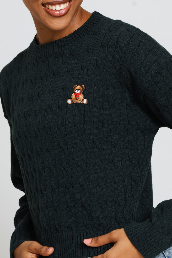 Cable Crew Teddy Embroidered Pullover - Bottle Green