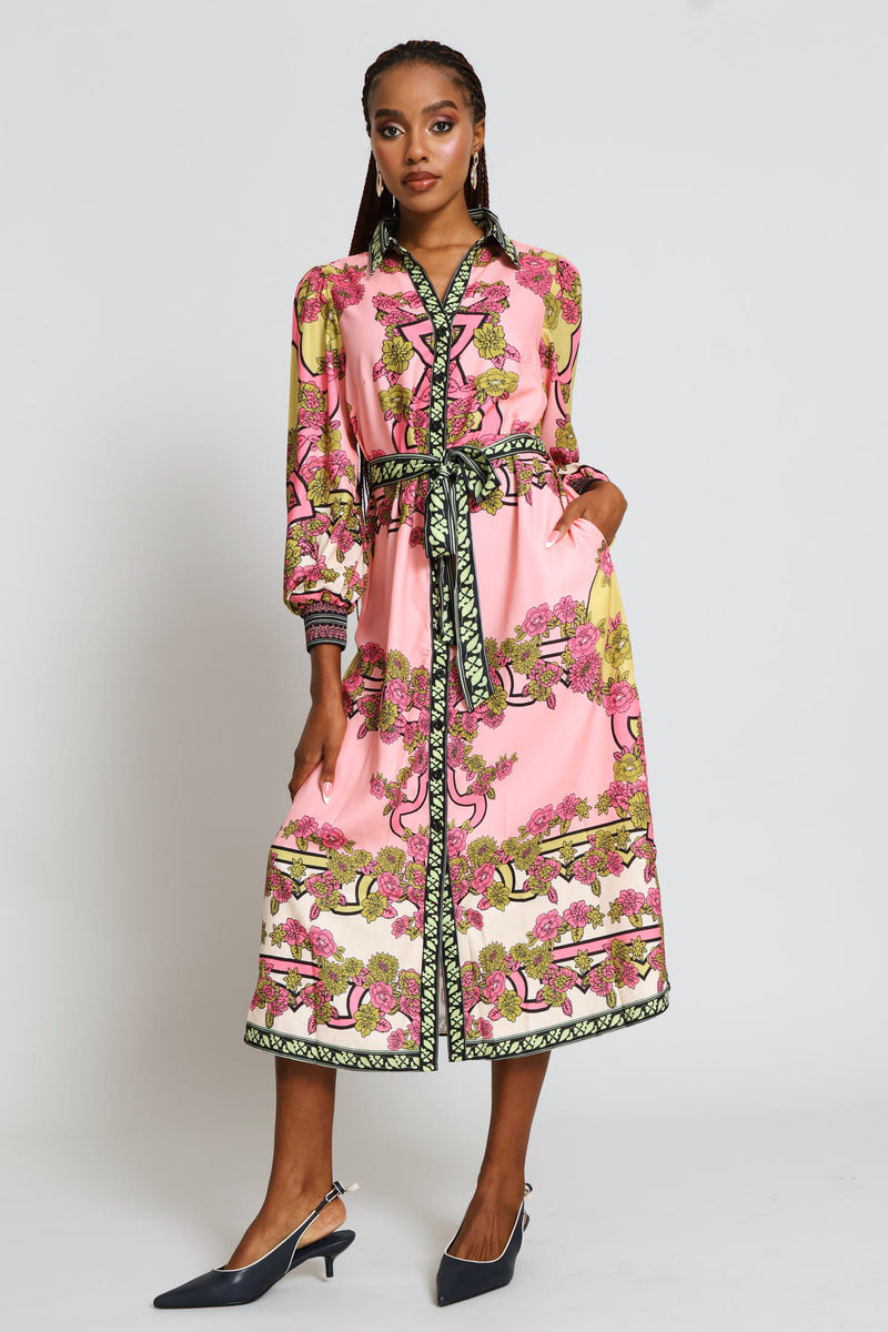 Long Sleeve Button Through Border Print Collared Maxi Dress - Pink