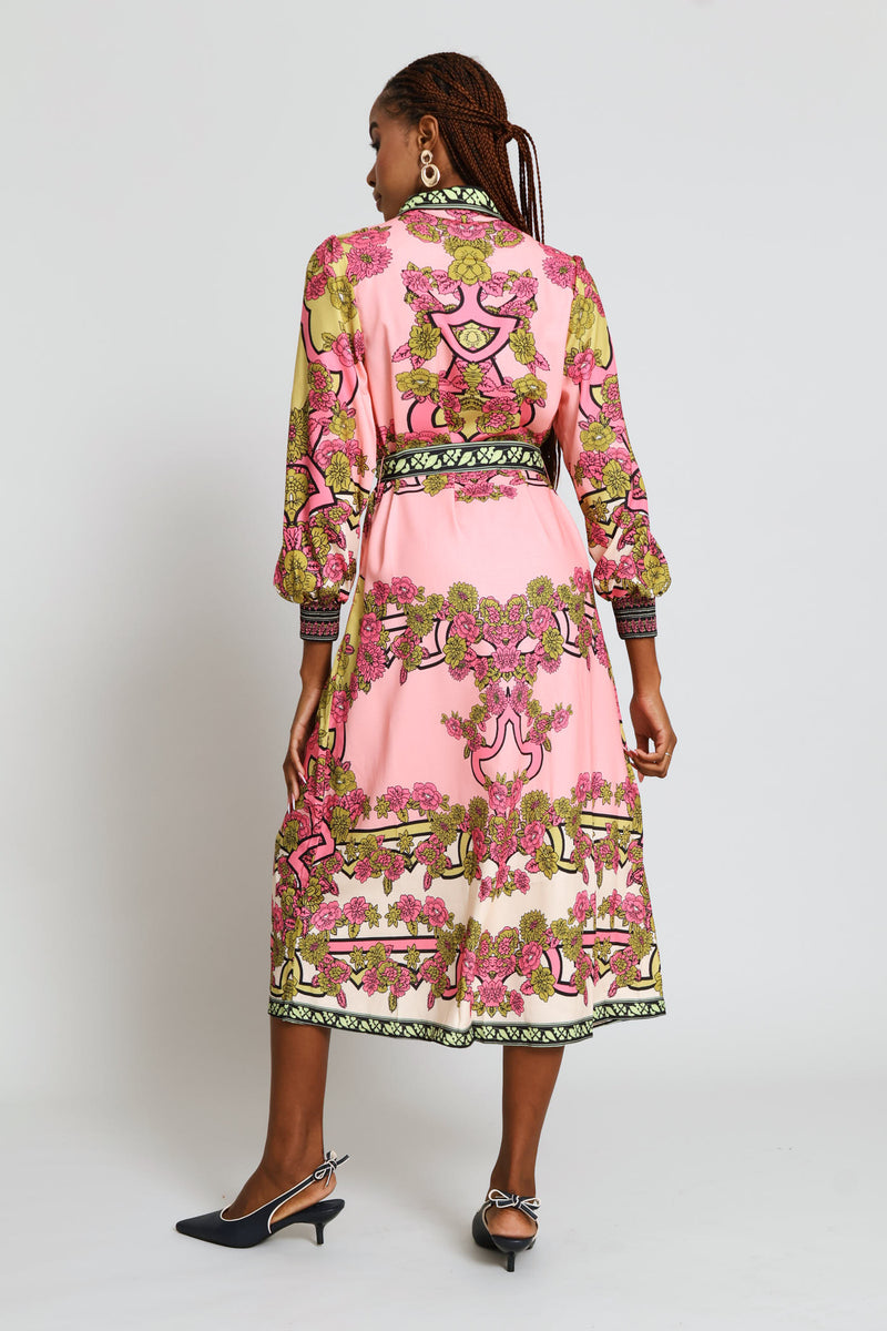 Long Sleeve Button Through Border Print Collared Maxi Dress - Pink
