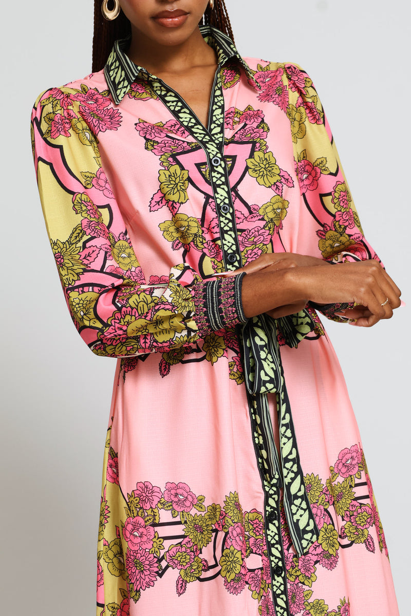 Long Sleeve Button Through Border Print Collared Maxi Dress - Pink
