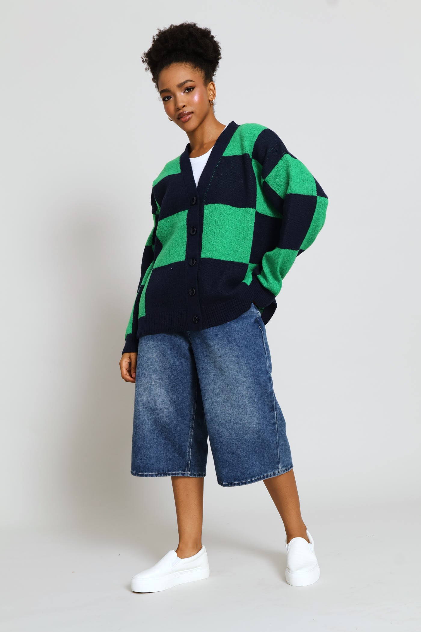 Ladies Oversized Checkerboard Cardigan - Navy/Green – Edgars