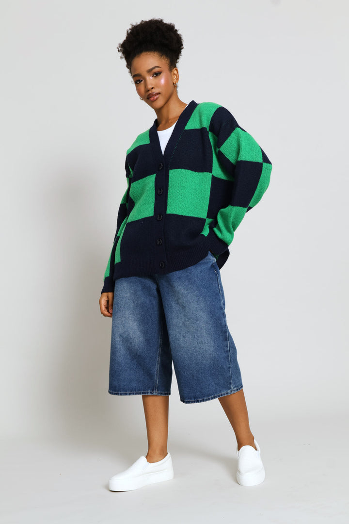 Oversized Checkerboard Cardigan - Navy/Green