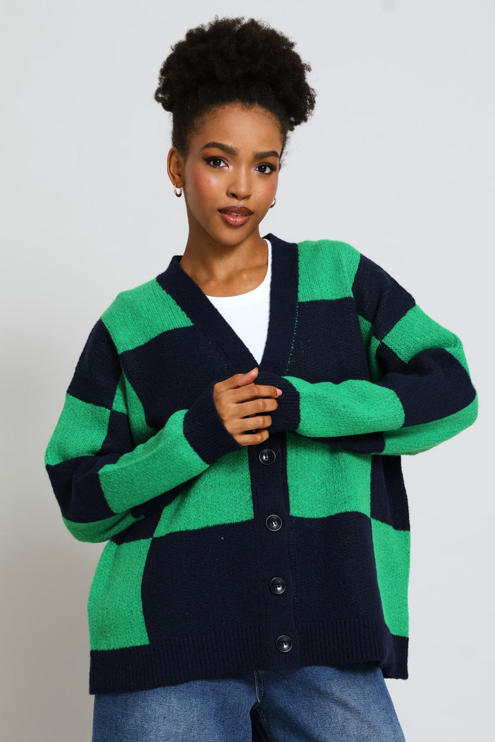 Oversized Checkerboard Cardigan - Navy/Green