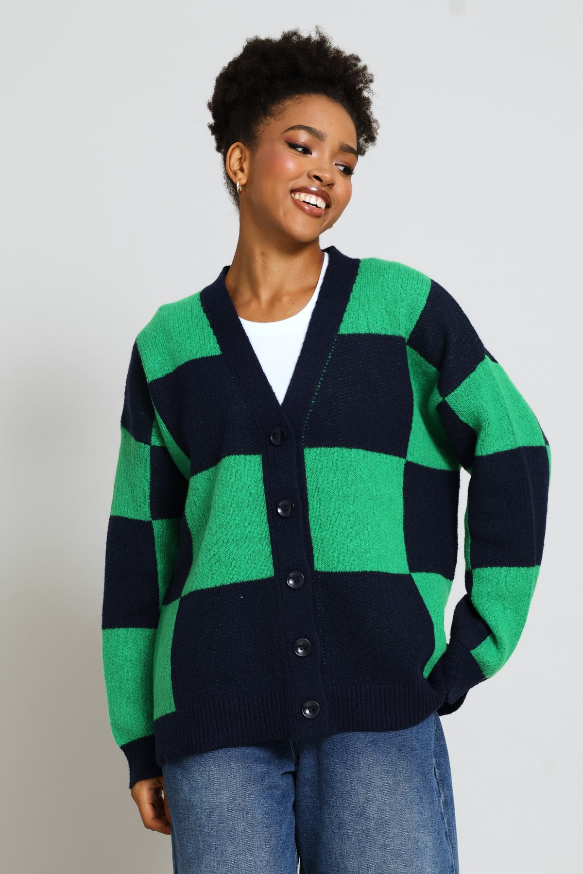 UNCLE’S CARDIGAN/Malachite Ladies Oversized Checkerboard Cardigan - Navy/Green – Edgars