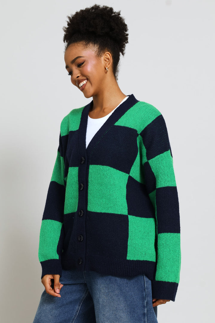 Oversized Checkerboard Cardigan - Navy/Green