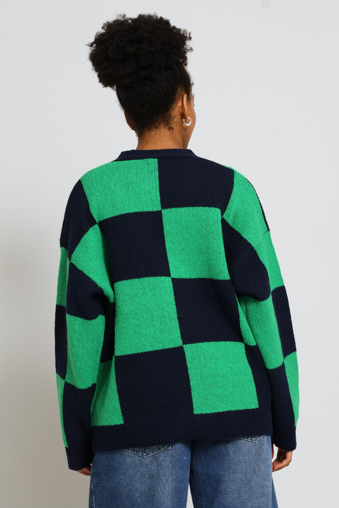 Oversized Checkerboard Cardigan - Navy/Green