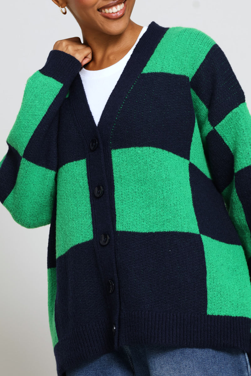 Oversized Checkerboard Cardigan - Navy/Green