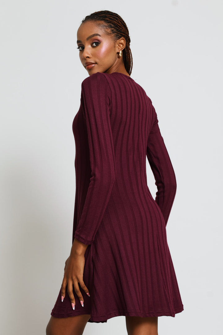 Long Sleeve Ribbed Fit & Flare Mini Dress - Plum
