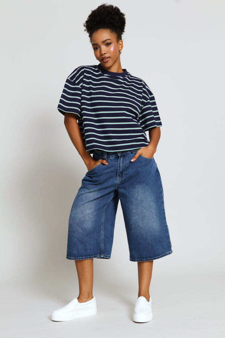 Yarn Dye Stripe Boxy Tee - Navy