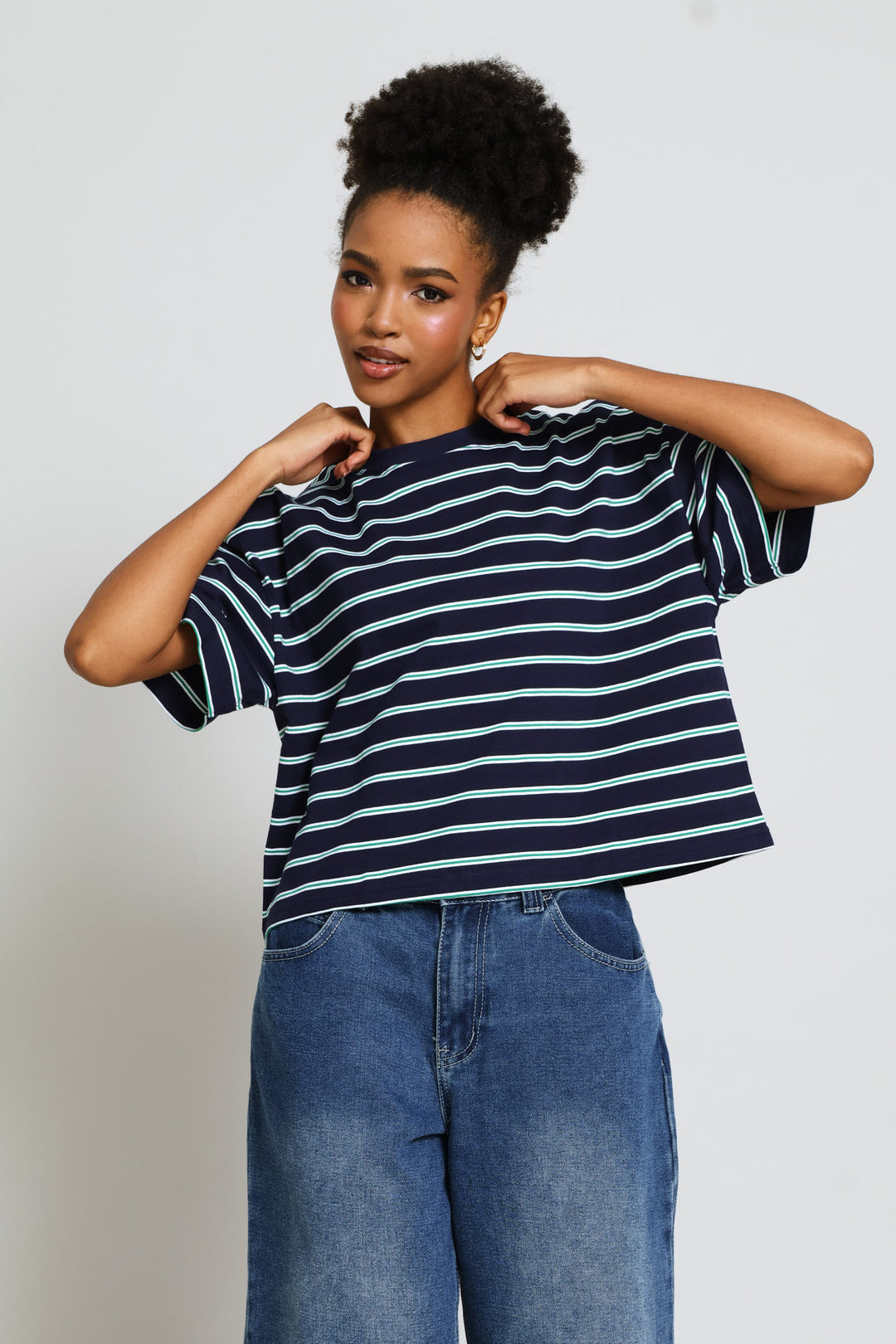 Yarn Dye Stripe Boxy Tee - Navy