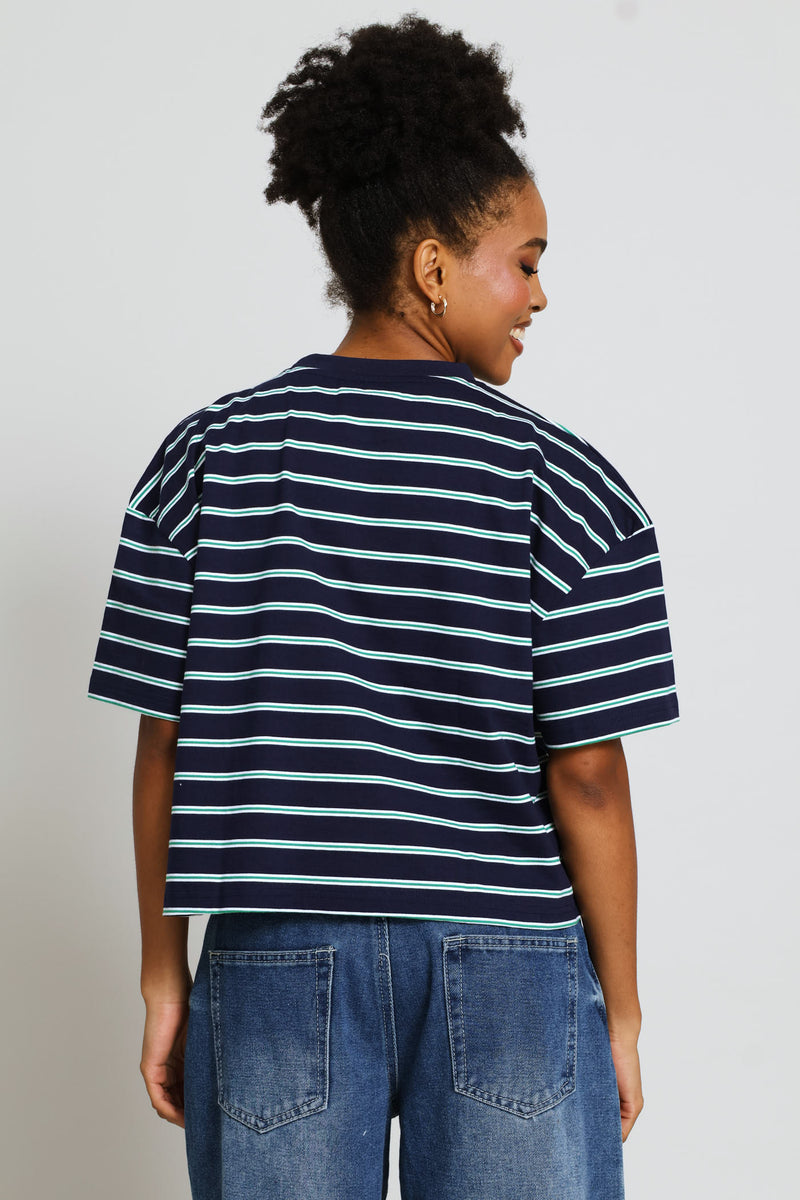 Yarn Dye Stripe Boxy Tee - Navy