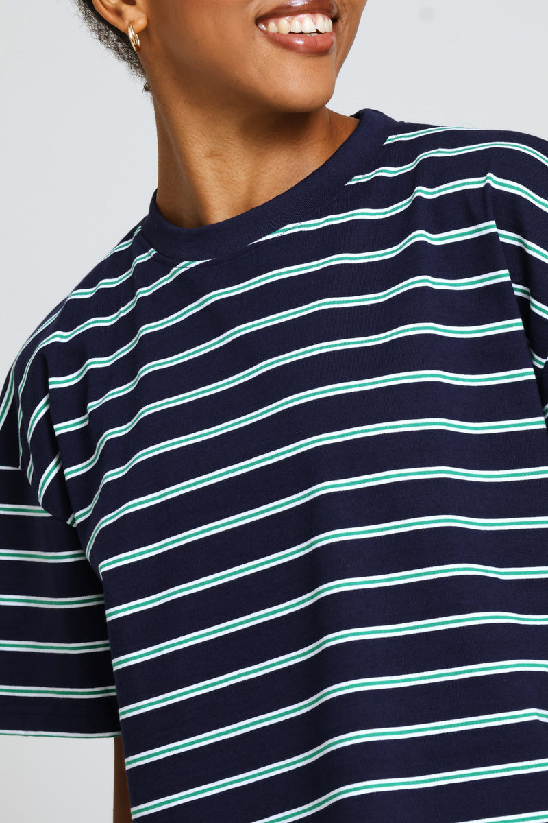 Yarn Dye Stripe Boxy Tee - Navy