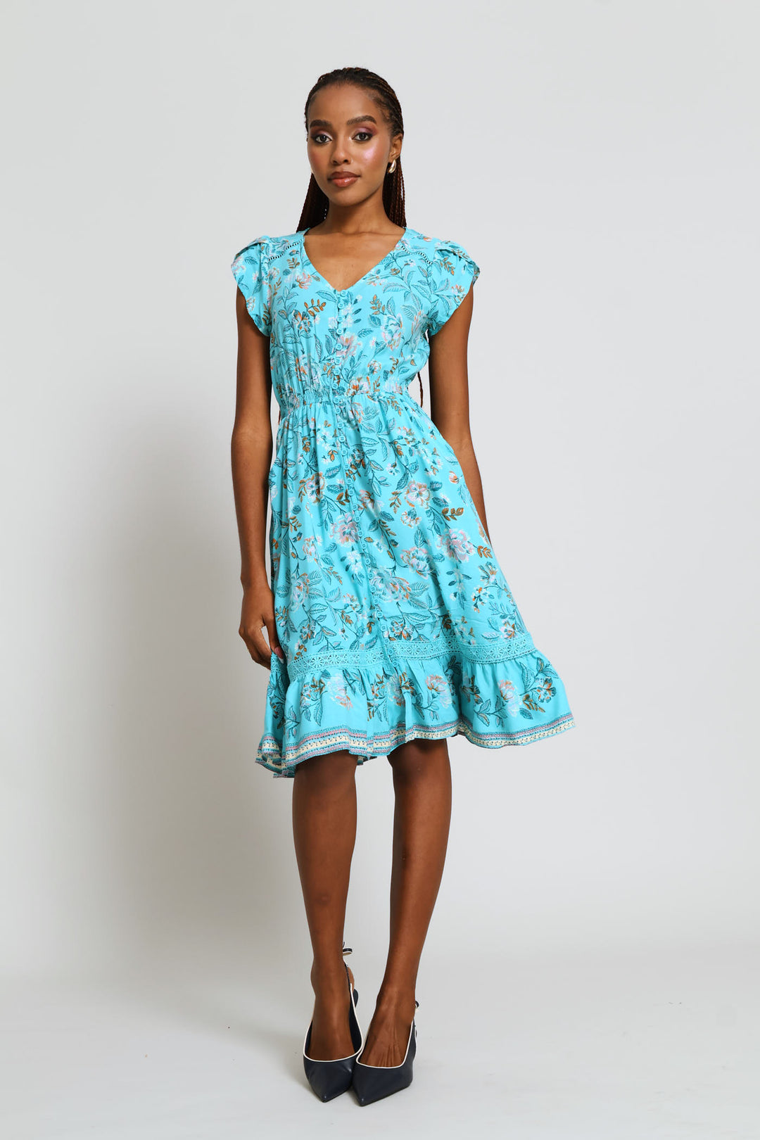 Cap Sleeve Flutter V-Neck Midi Dress - Turquoise