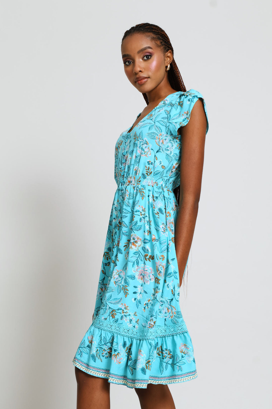 Cap Sleeve Flutter V-Neck Midi Dress - Turquoise