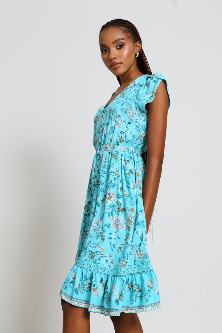 Cap Sleeve Flutter V-Neck Midi Dress - Turquoise