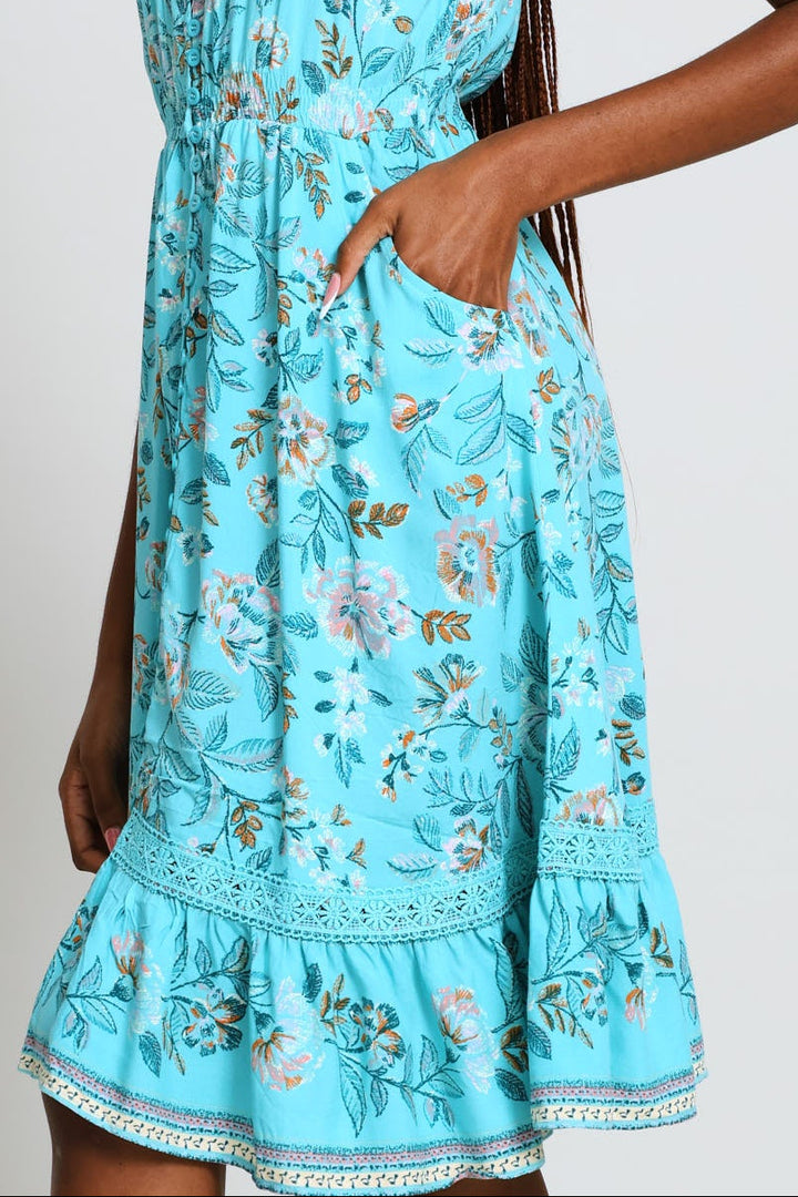 Cap Sleeve Flutter V-Neck Midi Dress - Turquoise