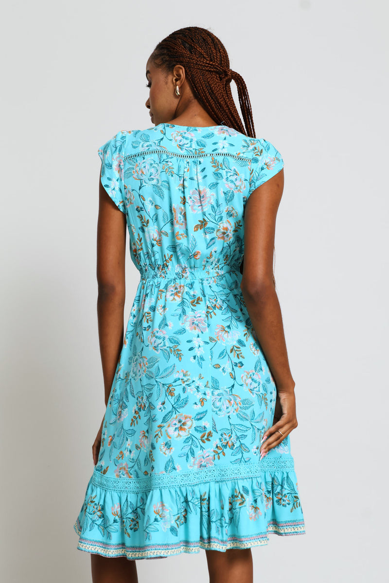 Cap Sleeve Flutter V-Neck Midi Dress - Turquoise