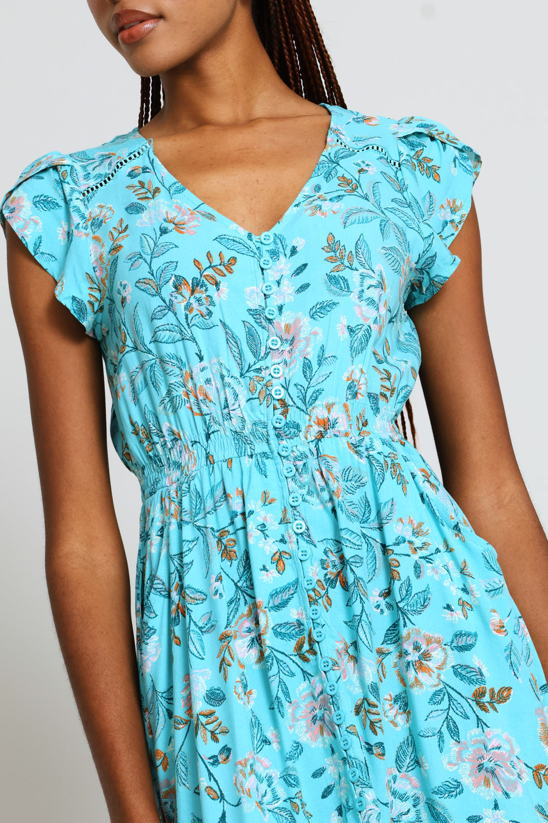 Cap Sleeve Flutter V-Neck Midi Dress - Turquoise