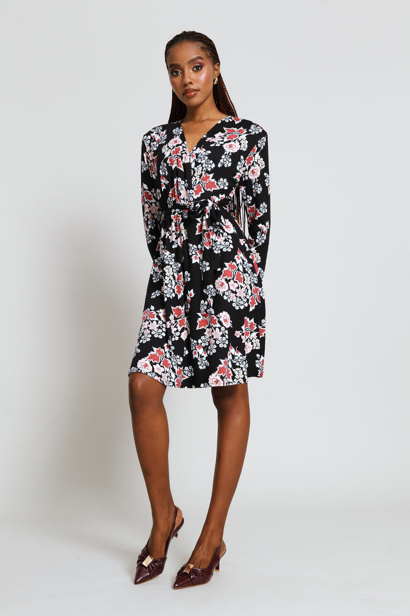 Long Sleeve Mock Wrap Flare Mini Dress - Plum