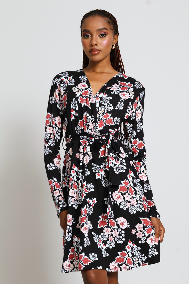 Long Sleeve Mock Wrap Flare Mini Dress - Plum