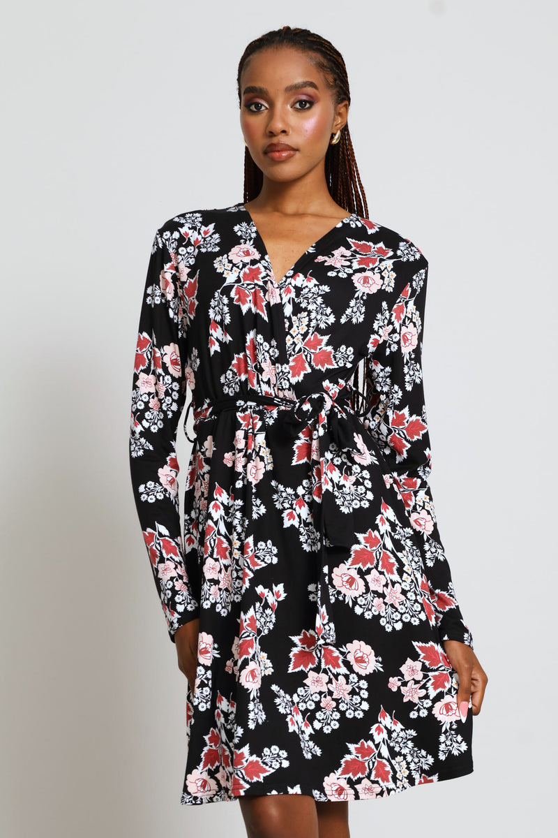 Long Sleeve Mock Wrap Flare Mini Dress - Plum