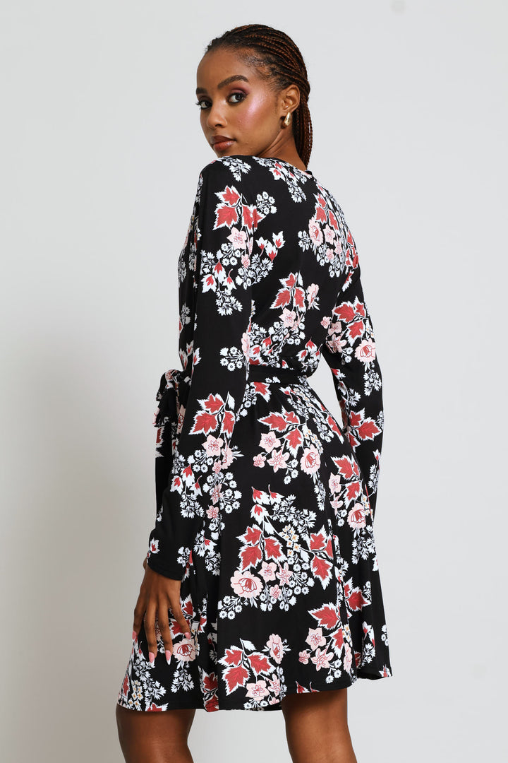 Long Sleeve Mock Wrap Flare Mini Dress - Plum