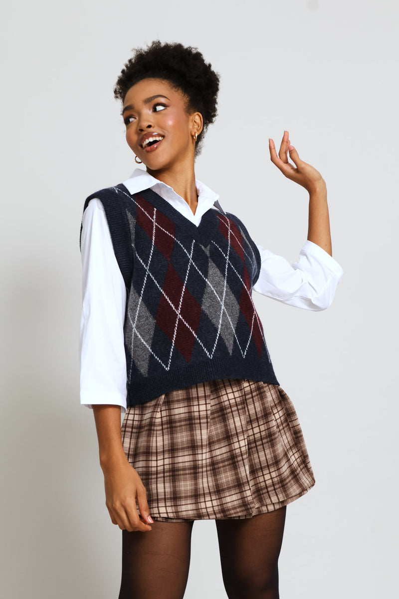 Argyle Knitted Vest - Navy
