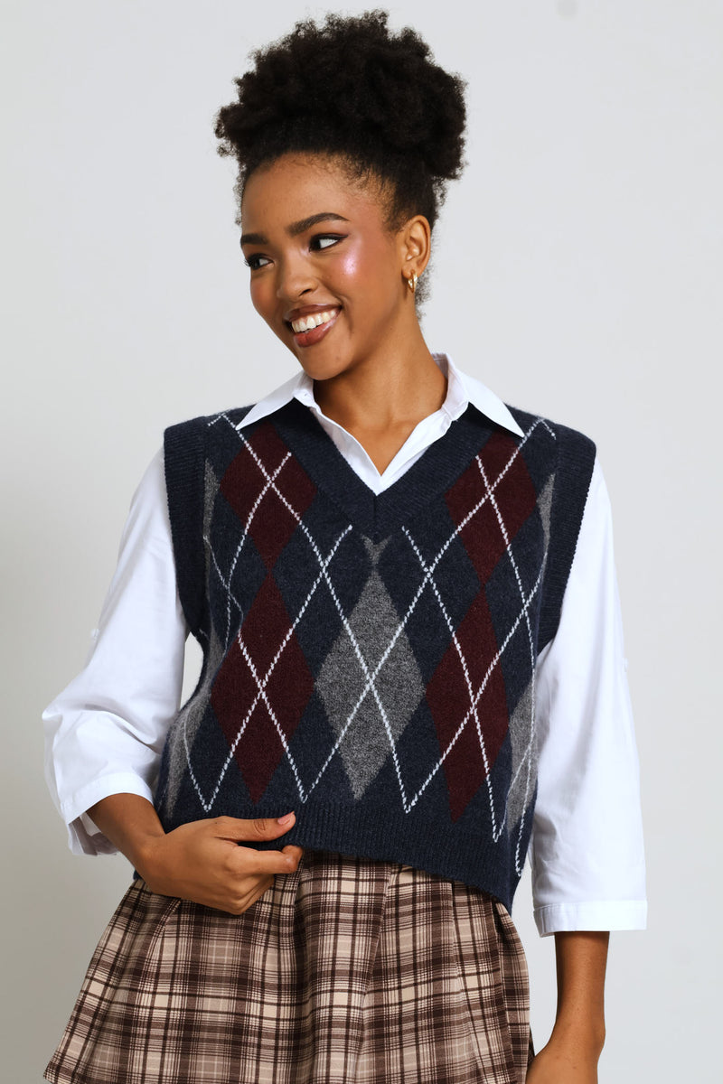 Argyle Knitted Vest - Navy