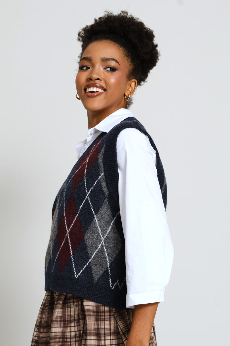 Argyle Knitted Vest - Navy
