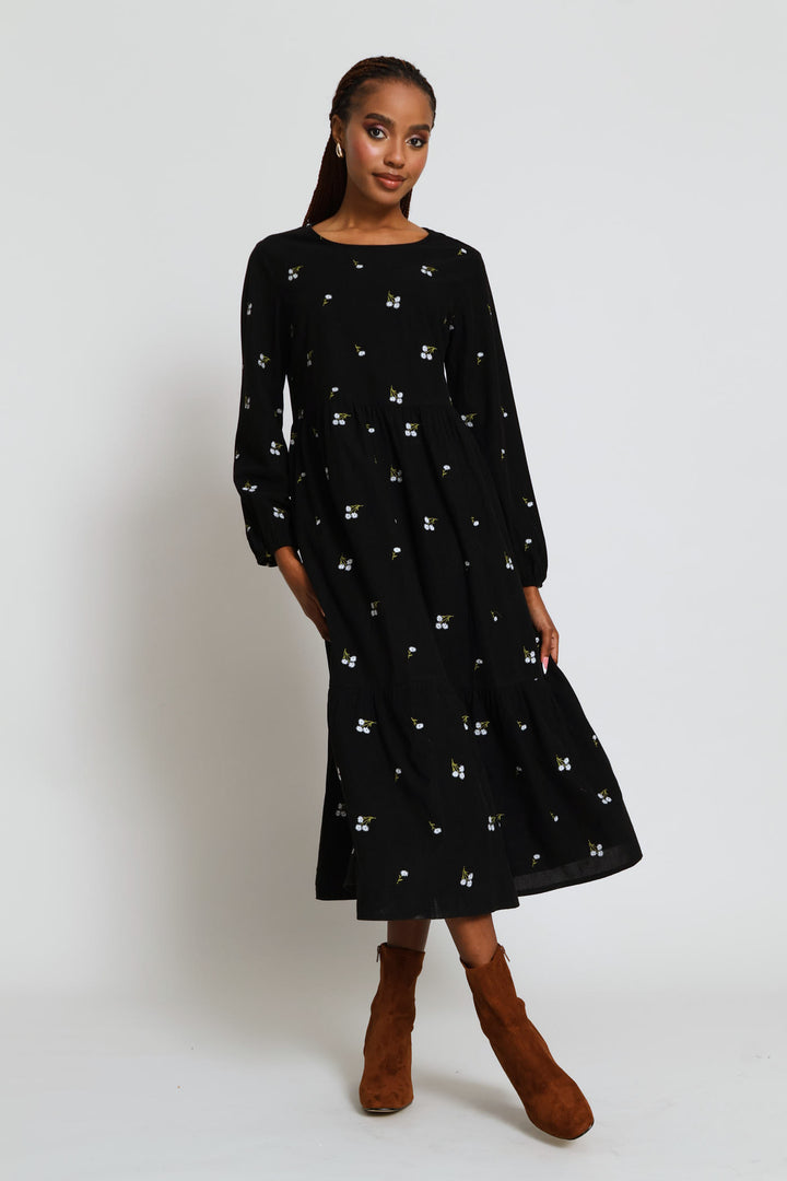Embroidered Corduroy Tiered Midi Dress - Black