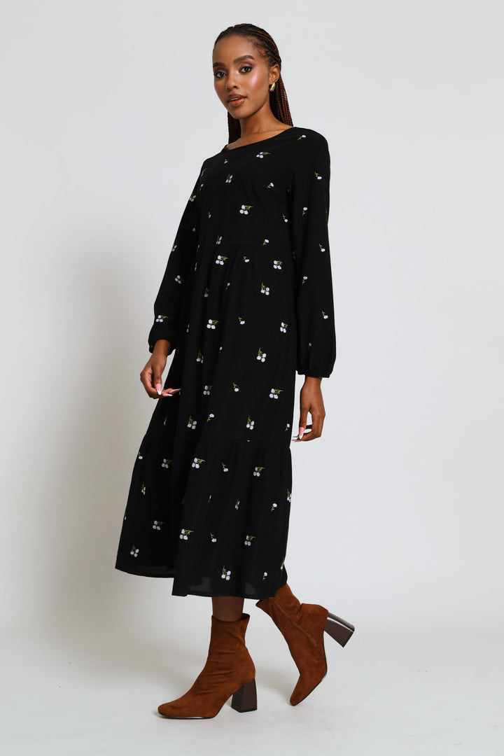 Embroidered Corduroy Tiered Midi Dress - Black