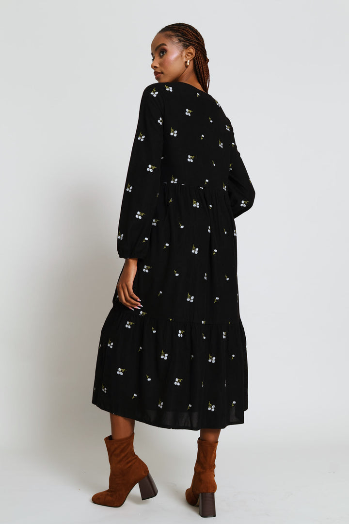 Embroidered Corduroy Tiered Midi Dress - Black