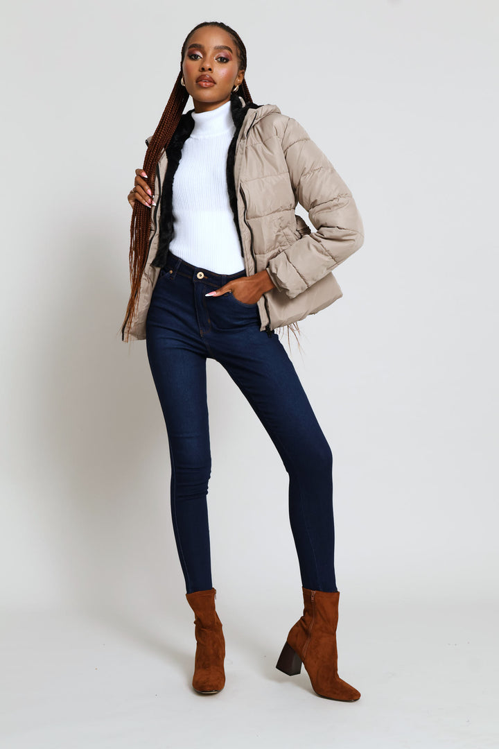 Contrast Fur Lining Waisted Ski Puffer Jacket - Taupe