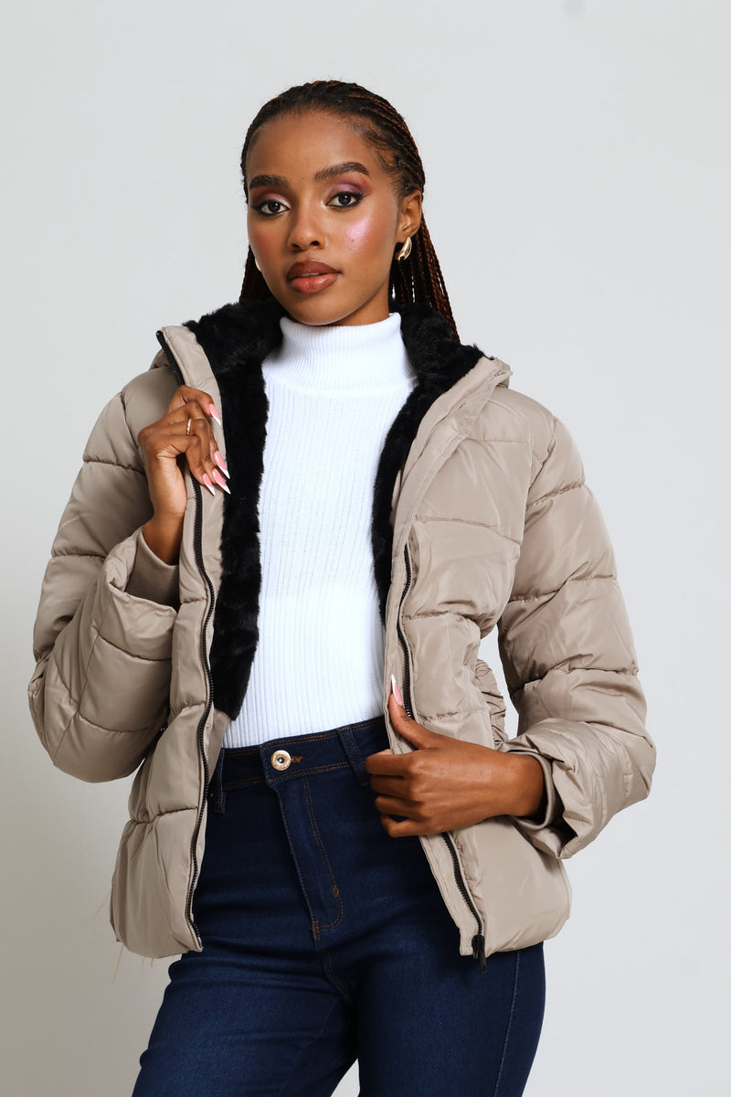 Contrast Fur Lining Waisted Ski Puffer Jacket - Taupe