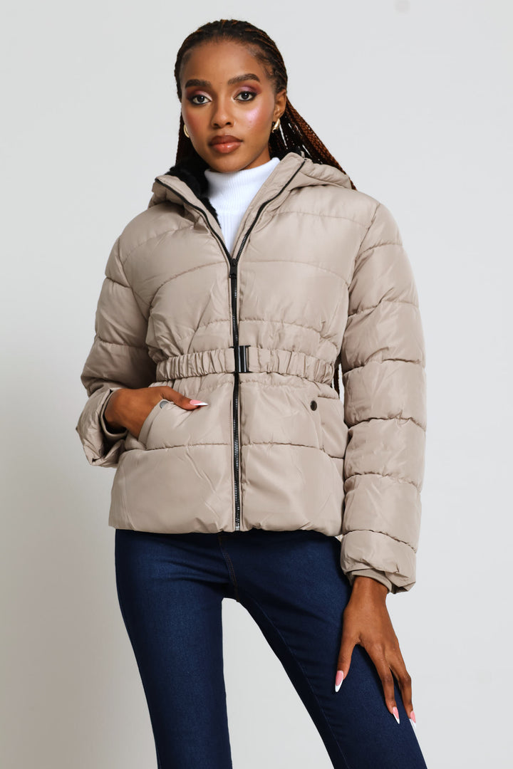 Contrast Fur Lining Waisted Ski Puffer Jacket - Taupe