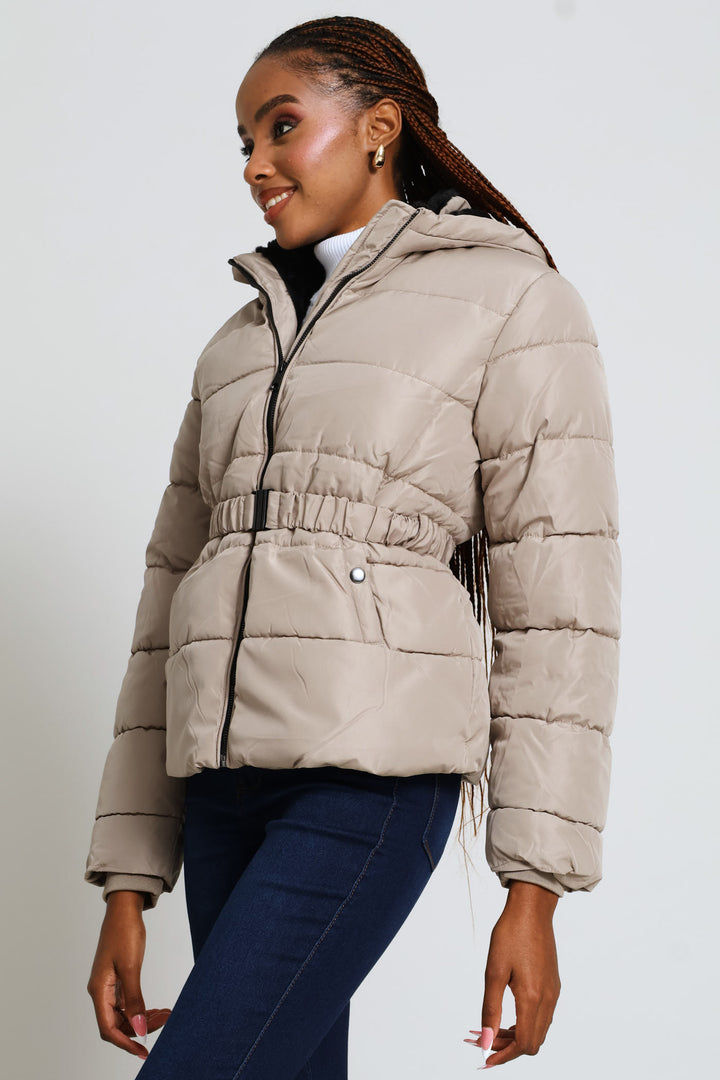 Contrast Fur Lining Waisted Ski Puffer Jacket - Taupe