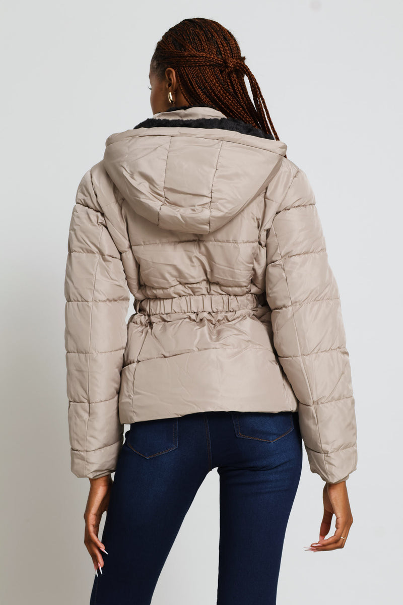 Contrast Fur Lining Waisted Ski Puffer Jacket - Taupe